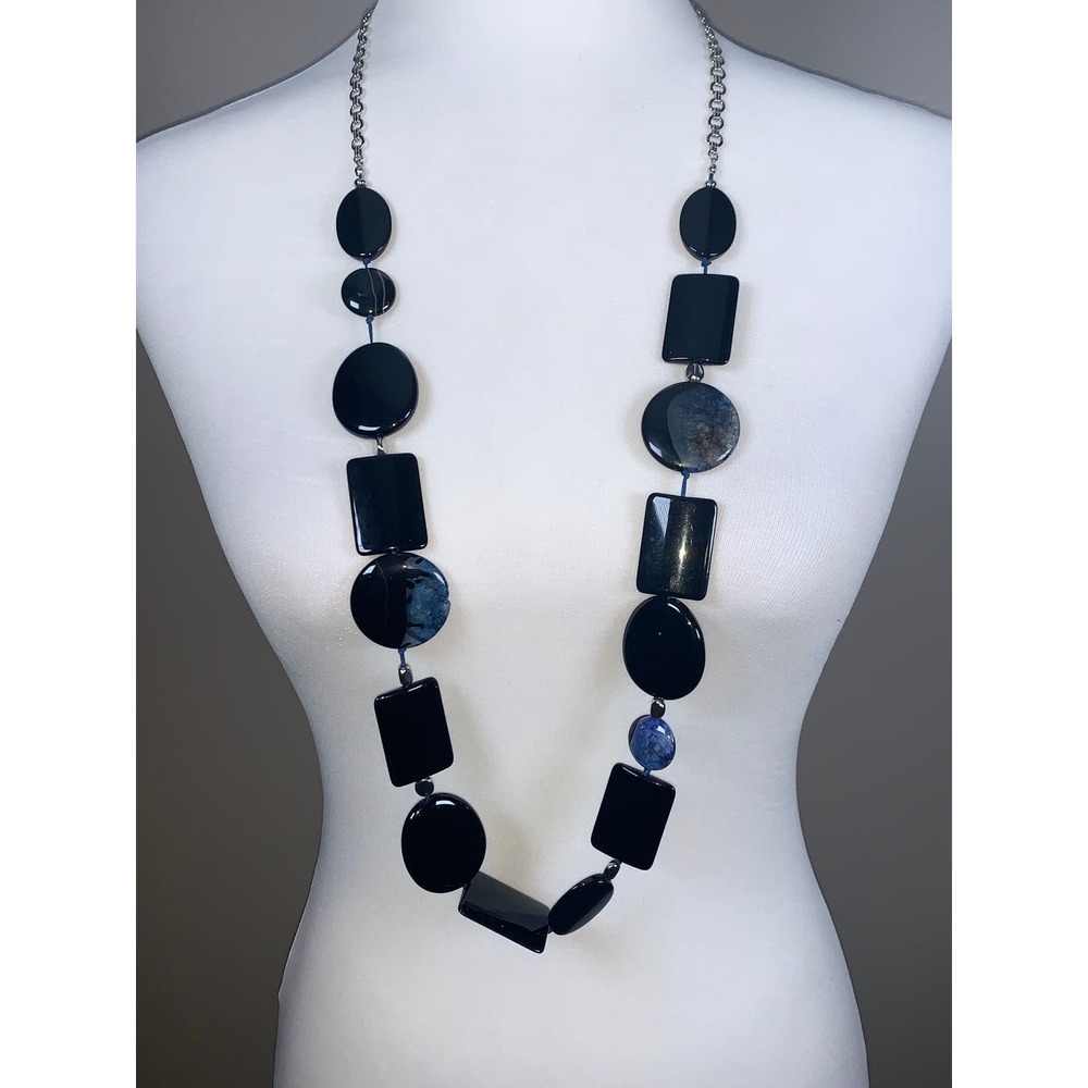Chico's Silver Tone Midnight Blue Resin Single Strand Statement Necklace EUC